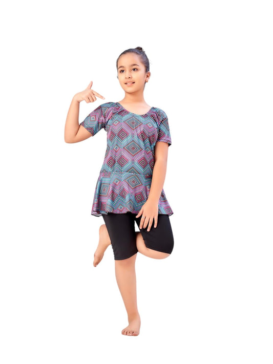Aarika Girls Sports Wear Green-Black Colour Abstract Print Nylon Swim Suit (5-15 Years)-(SW-SHM-CA-1119)