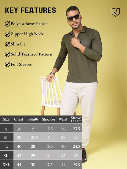 Rigo Polyester T-Shirt for Men | High Neck, Slim Fit T-Shirt for Men | Solid Casual T-Shirts Army Green