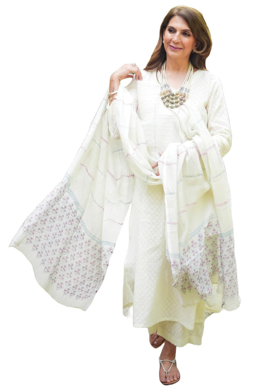 ANNI DESIGNER Womens Rayon Blend Printed Straight Kurta with Pant & Dupatta (Mirai White_XXL_White_XX-Large)