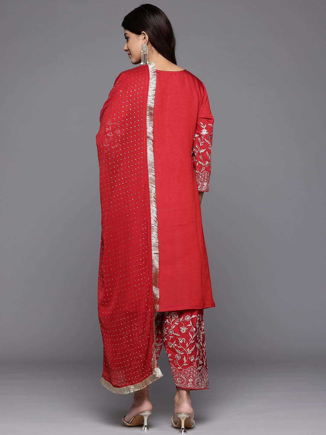 Varanga Women Red Zari Embroidered A-Line Kurta Paired With Tonal Salwar And Dupatta