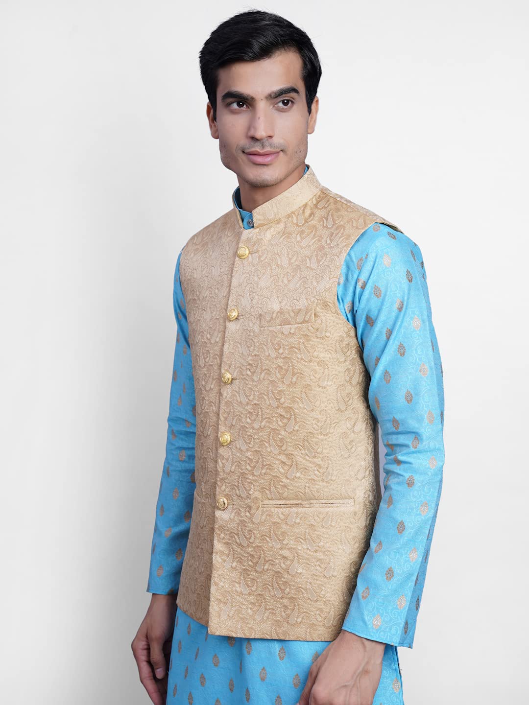 Wintage Men'S Banarsi Rayon Cotton Bandhgala Festive Nehru Modi Jacket Waistcoat : Beige2, Small