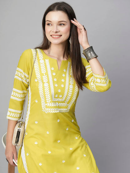 Anni Designer WomenS Cotton Blend Chikankari Embroidered Straight Kurta (Stho-Yellow_4Xl_Yellow_Xxxx-Large)