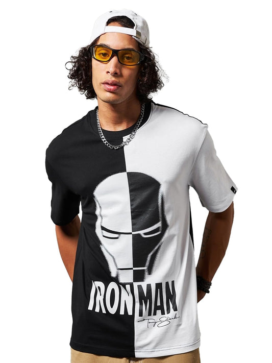 Bewakoof Official Marvel Merchandise MenS Color Block Oversized Fit Half Sleeve Round Neck Cotton T-Shirt_627886_Black_Xl