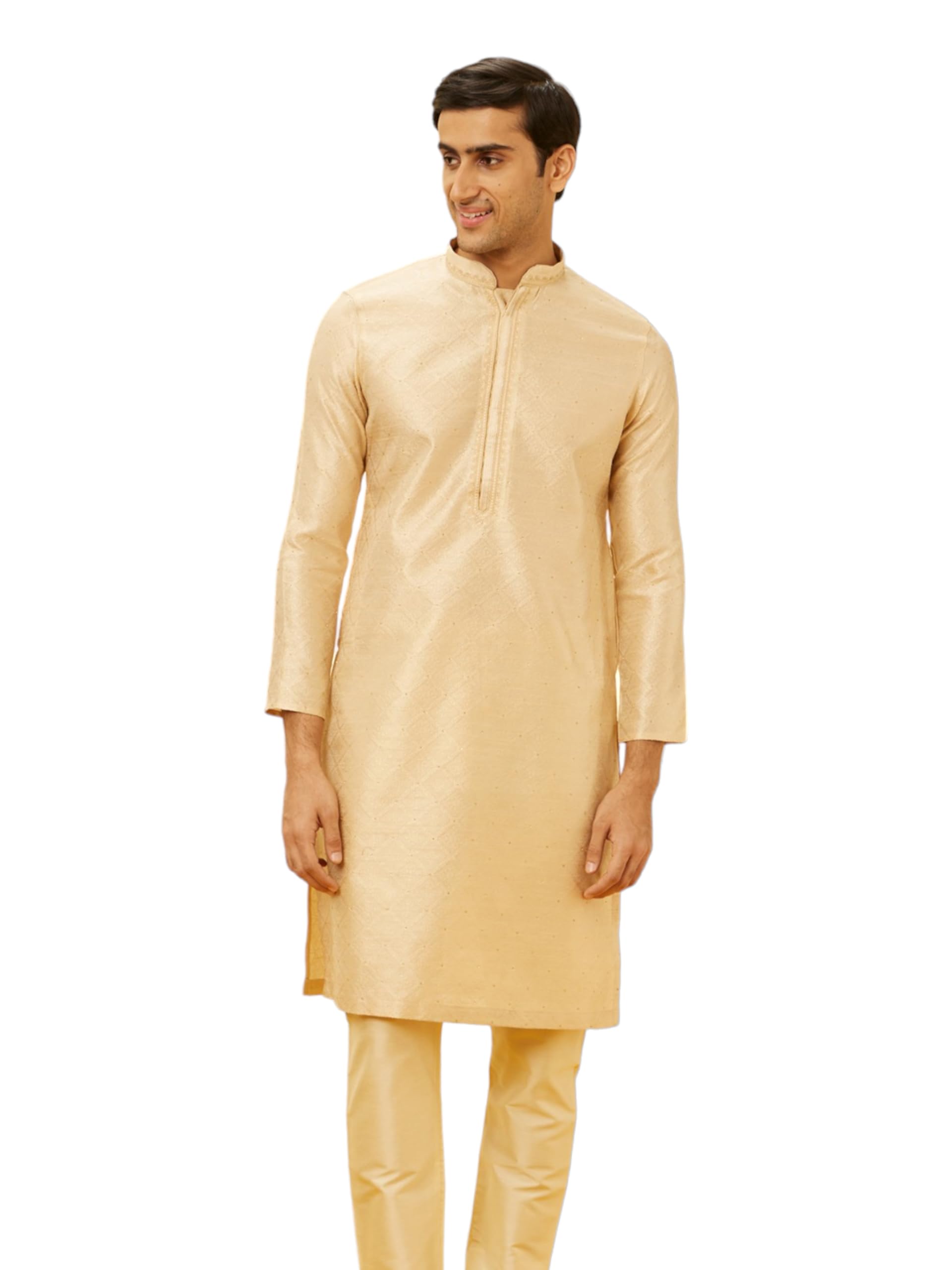 Manyavar Mens Beige Art Silk Kurta Pyjama Set