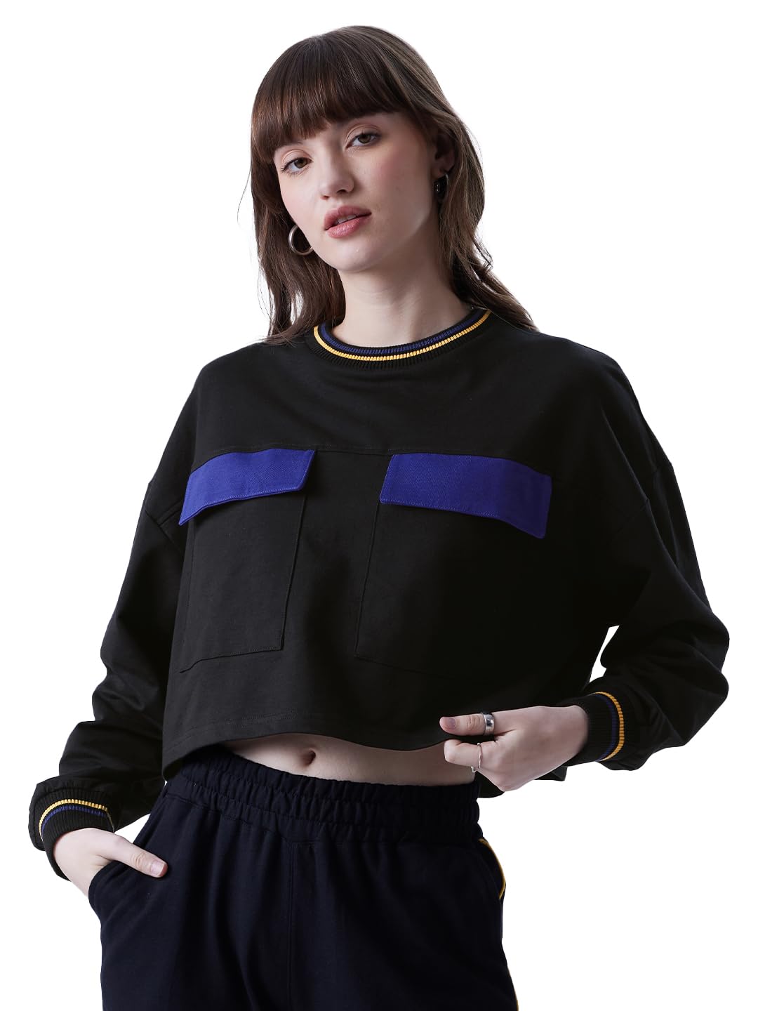 The Souled Store TSS: Black & Blue Women and Girls Oversized fit Full Sleeve Solid Cotton Multi Color Women Oversized Cropped T-