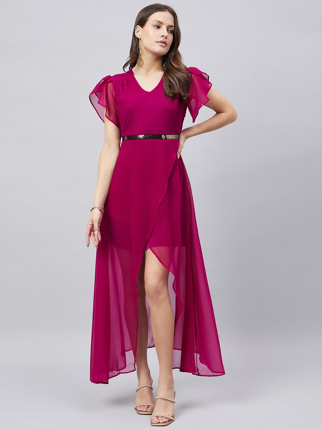 Style Quotient Women Wine Coloured Georgette Evening Maxi Dress