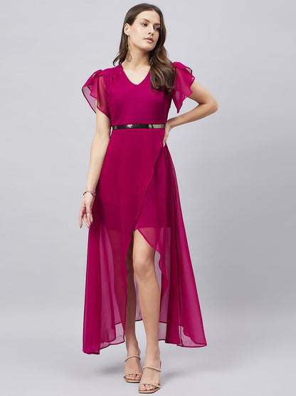 Style Quotient Women Wine Coloured Georgette Evening Maxi Dress