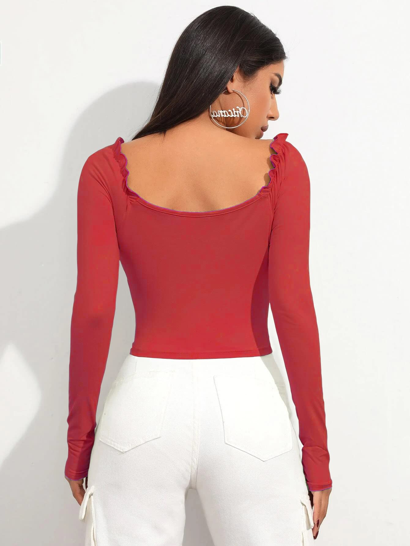 Shasmi Womens & Girls Red Full Sleeve, Sweat Hear Neck, Frill Trim Ruched Crop Top for Women, Tops, Slim Fit T-Shirts for Girl