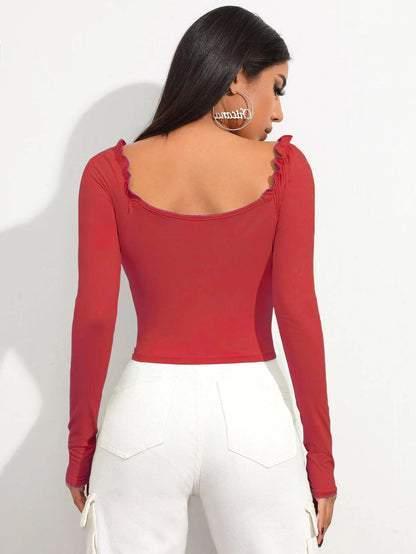 Shasmi Womens & Girls Red Full Sleeve, Sweat Hear Neck, Frill Trim Ruched Crop Top for Women, Tops, Slim Fit T-Shirts for Girl