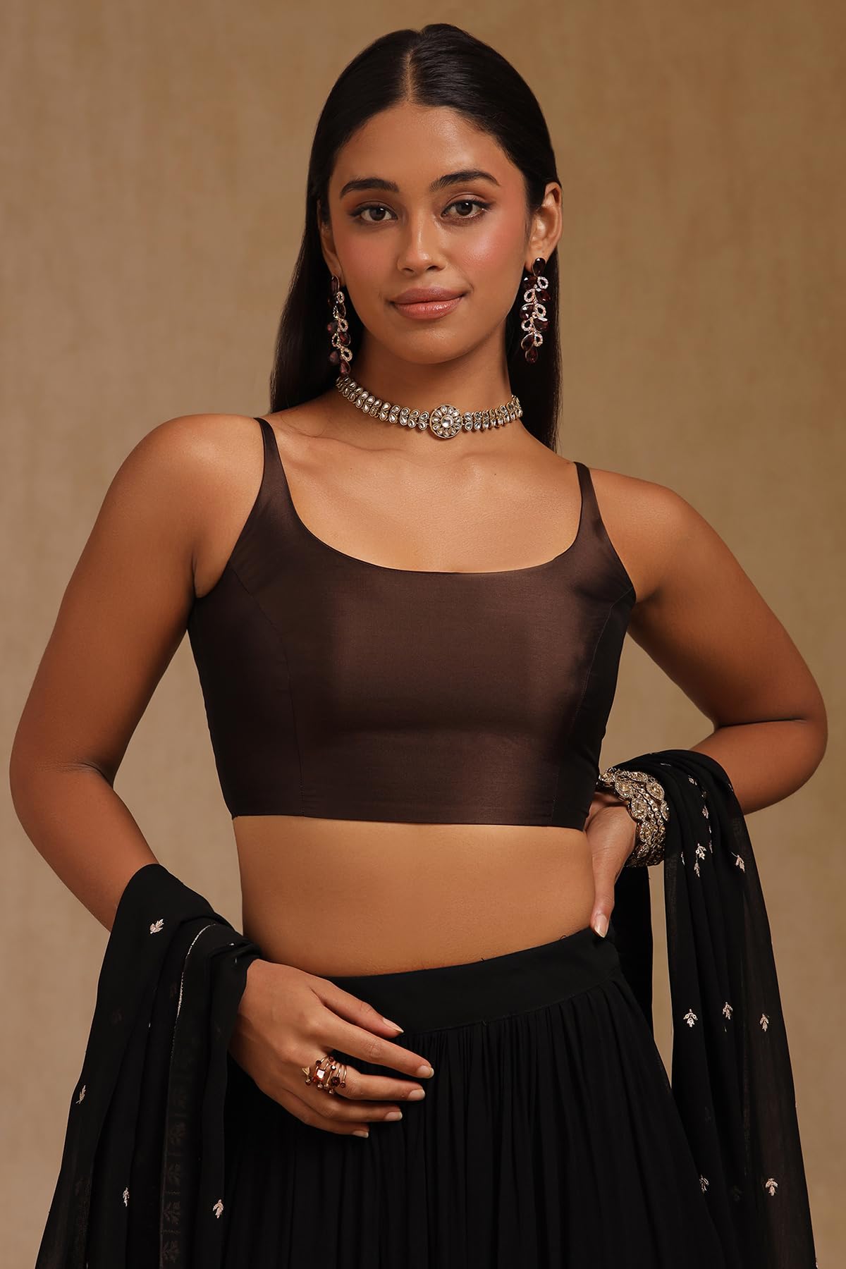 Soch Womens Brown Taffeta Solid Sleeveless Padded Blouse