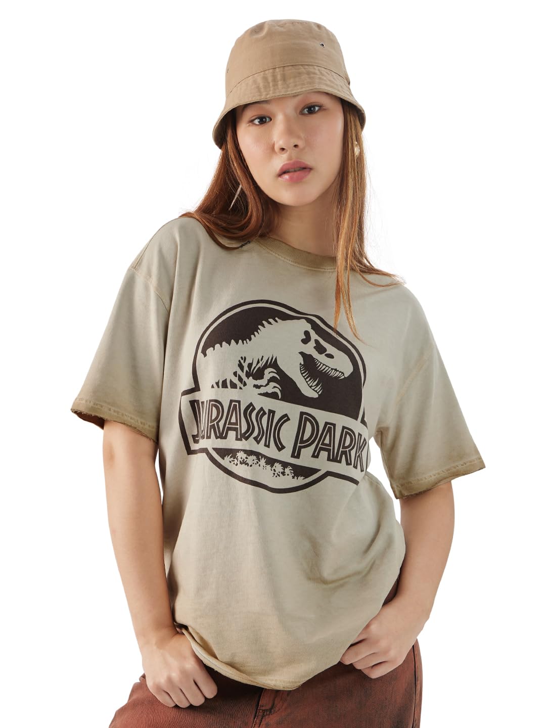 The Souled Store Official Jurassic Park: Logo Women and Girls Short Sleeves Round Neck Grey Graphic Printed Cotton Boyfriend T-S