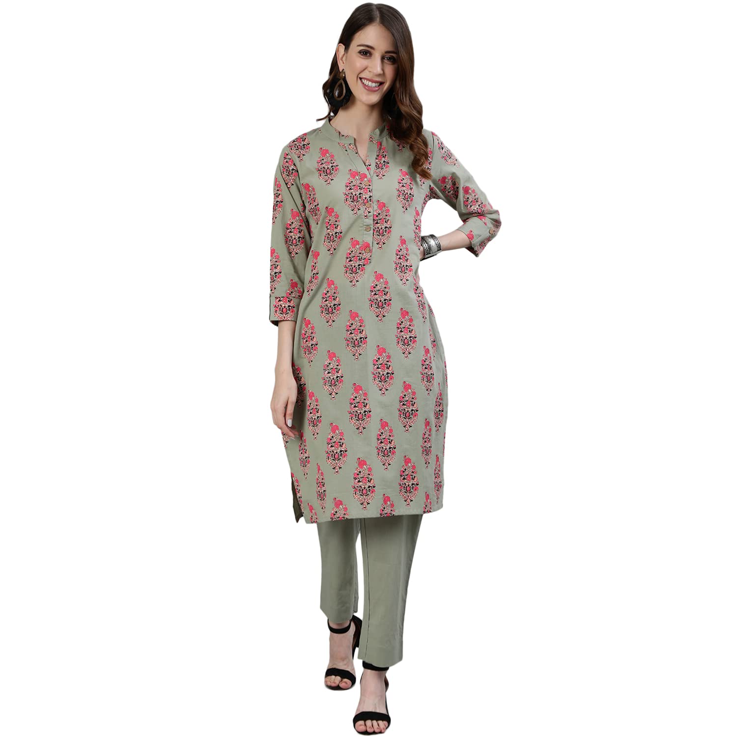 ishin Women's Green Block Printed Straight Kurta Set With Trouser
