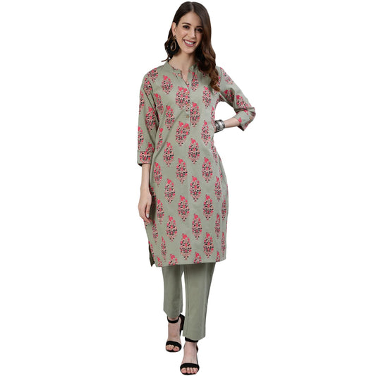 ishin Women's Green Block Printed Straight Kurta Set With Trouser