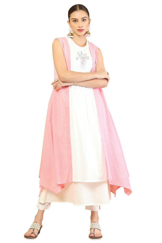 Pink Cotton Layered Jacket Style Kurta