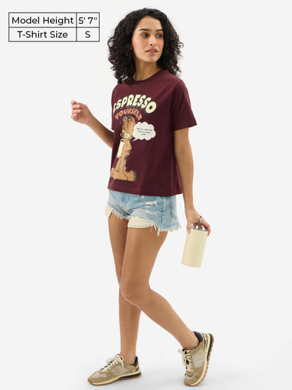 The Souled Store Official Garfield: Espresso Women and Girls Short Sleeves Round Neck Maroon Graphic Printed Regular Fit Cotton