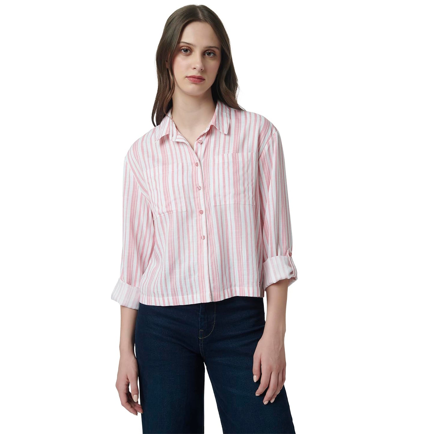 Pepe Jeans Stripes Viscose Round Neck WomenS Shirt (Pink, Large)