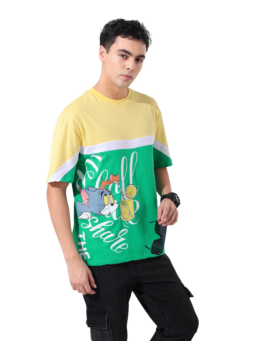 The Indian Garage Co Mens Boxy Fit Tom and Jerry Print Half Sleeves Crew Neck T-Shirt