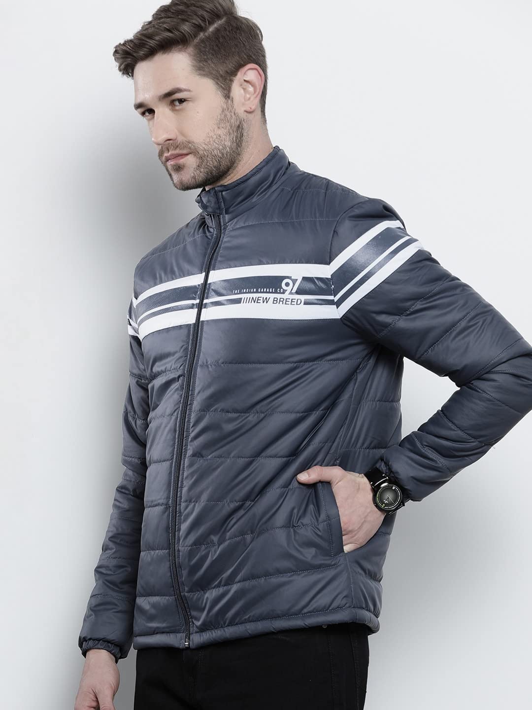 The Indian Garage Co Men Navy Blue Slim Fit Colorblocked Puffer Jacket