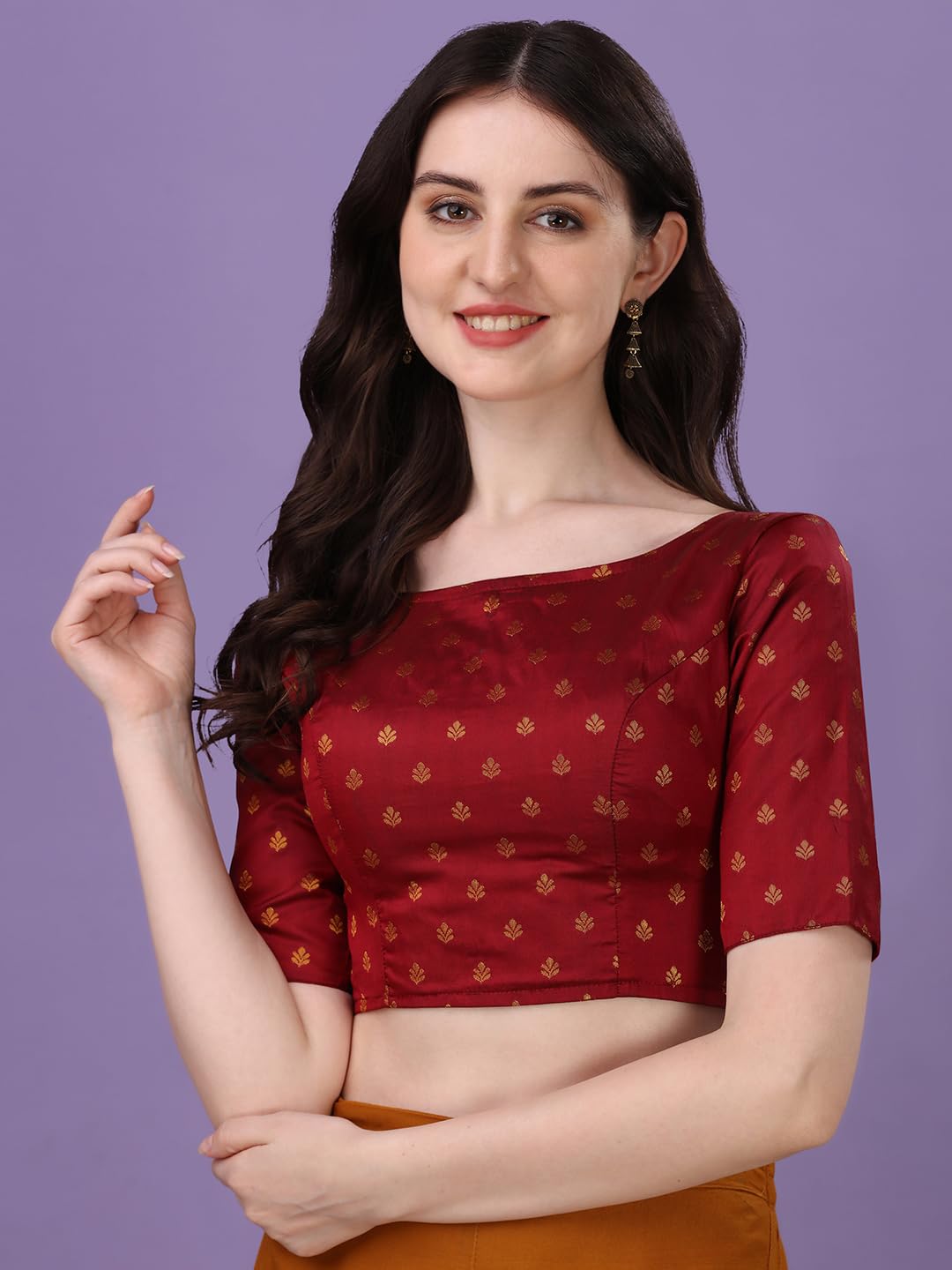 Oomph! WomenS Indian Ethnic Wear Designer Leaf Pattern Boat Neck Half Sleeve Brocade Maroon Blouse For Saree Or Lehnga And Blou