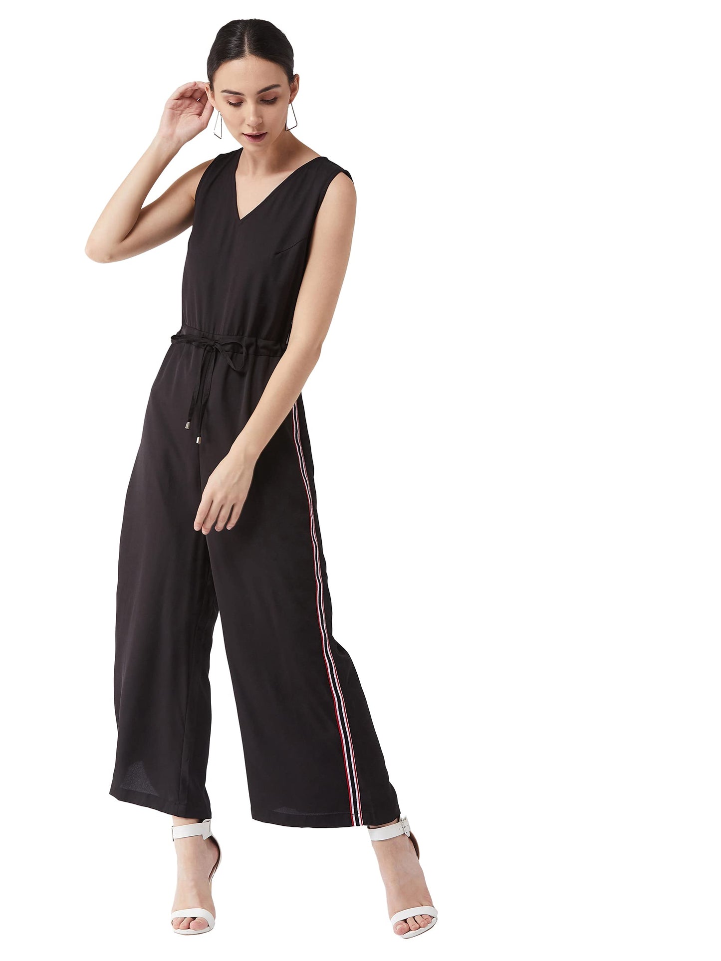 Miss Chase WomenS Black V-Neck Sleeveless Solid Wide Leg Jumpsuit With Drawstring Closure (Mcss20D04-58-62-05,Black,L)