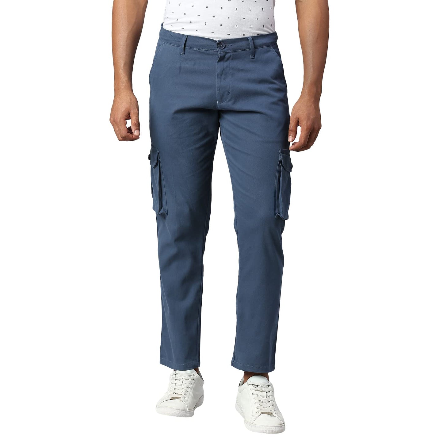 Dennis Lingo Mens Casual Solid Cotton Tapered Fit Mid Rise Ankle Length Multi-Pocket Stretchable Cargo Pant/Trousers (Petrol lB