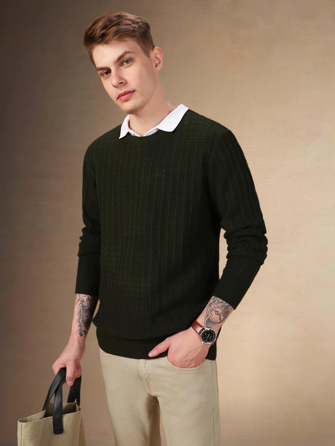 Dennis Lingo Solid Acrylic Regular Fit Full Sleeves Pullover Sweater For Men Green