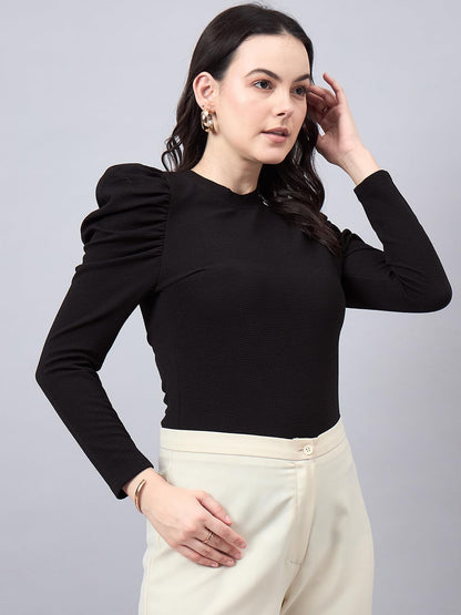 Style Quotient Women Black Texture Polyester Slim Fit Smart Casual Puff Full Sleeve Top