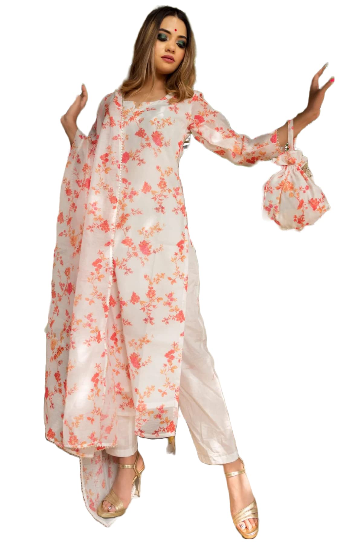 ANNI DESIGNER Womens Chanderi Floral Printed Straight Kurta with Pants & Dupatta (JAKHANI-Multi_M_White_Medium)