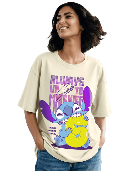 Bewakoof Official Disney Merchandise Stitch Women Graphic Print Oversized Fit Half Sleeve Round Neck Cotton Jersey T-Shirt_65473