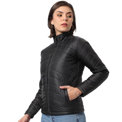 Campus Sutra Women Black Puffer Regular Fit Bomber Jacket For Winter Wear | Standing Collar | Full Sleeve | Zipper | Casual Jack