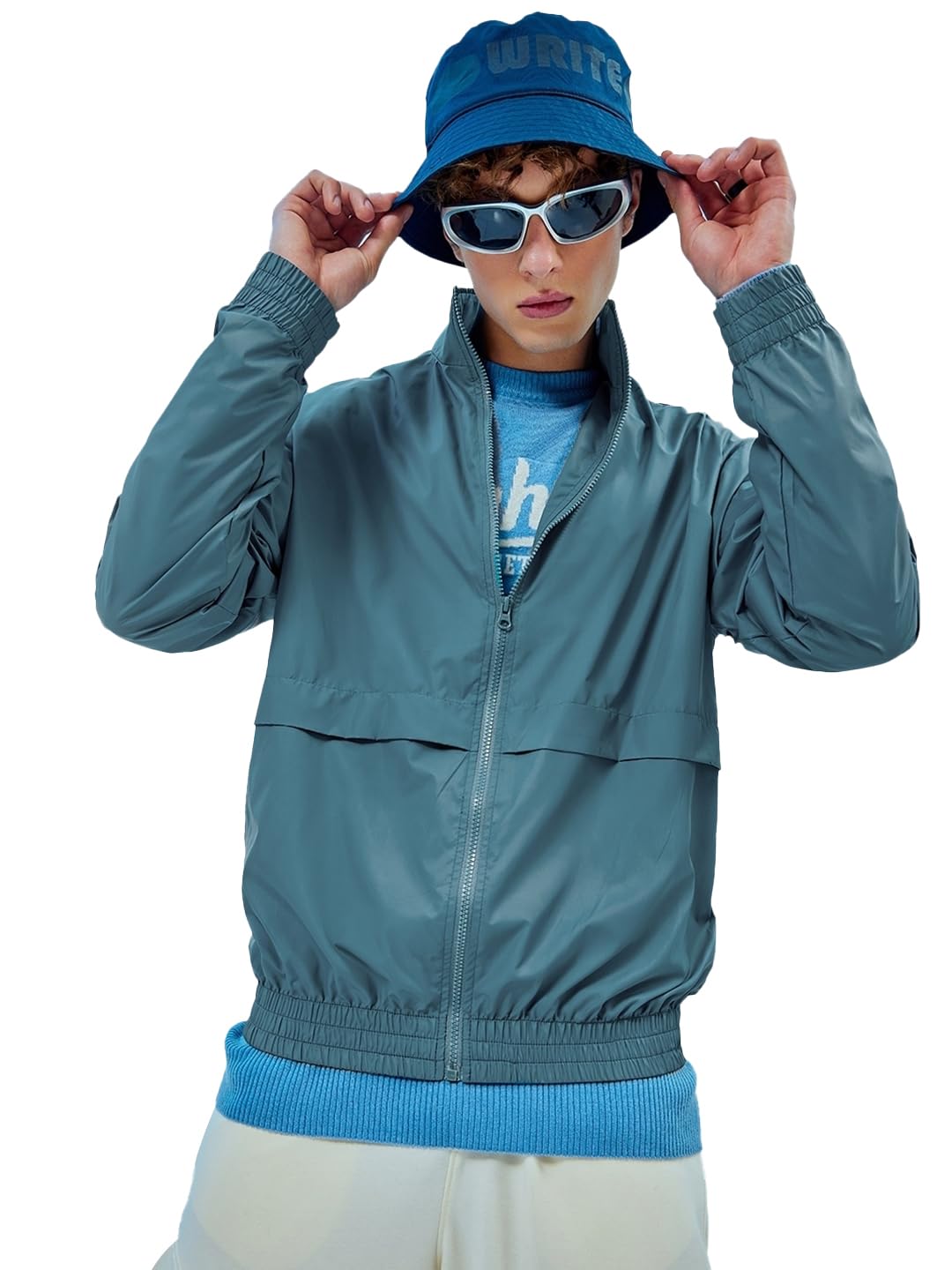 Bewakoof Air 1.0 Mens Solid Oversized Fit Full Sleeve Collared Neck Nylon Windcheater Jacket_ 596377 Blue XL