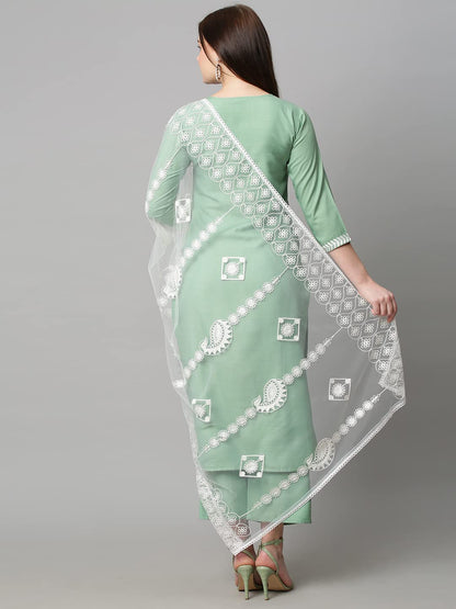 GoSriKi Women's Cotton Blend Kurta with Palazzo & Dupatta (Coin-GO_Pista_XX-Large)