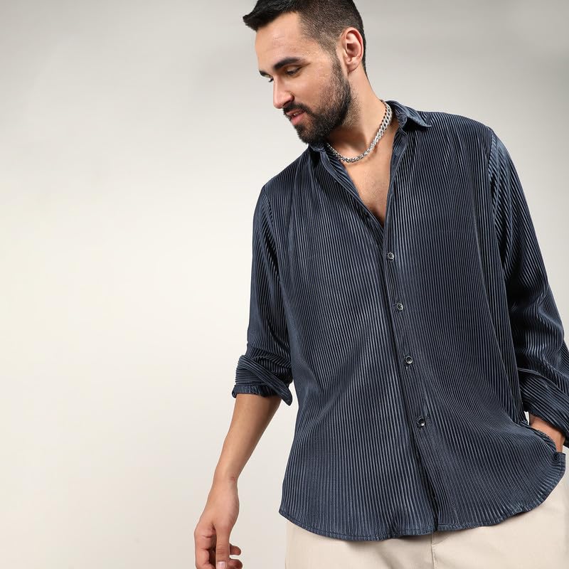 Campus Sutra Mens Navy Blue Pleat-Creased Shirt for Casual Wear | Spread Collar | Long Sleeve | Button Closure | Shirt Crafted