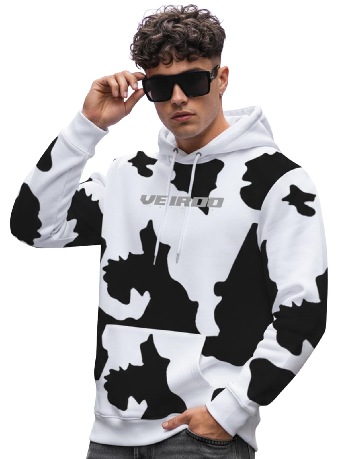 Veirdo Mens Cotton Fleece Regular Fit Hoodie All Over Printed Animal Cow Printed Hoodie Whi