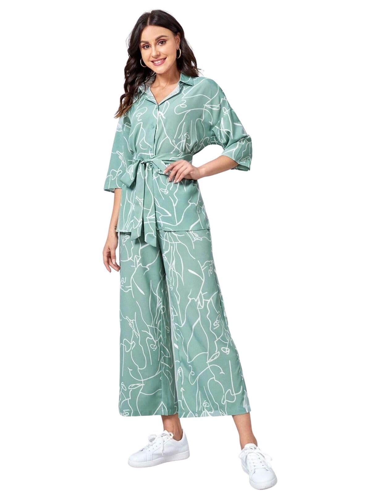 GRECIILOOKS Women Co Ord Set| Collared Self Belted Allover Print| Half Sleeve Shirt| Straight Shirt with Belt| Women Two-Piece O