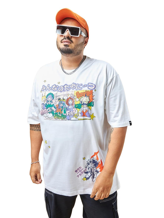 Bewakoof Mens All Over Printed Oversized Fit Half Sleeve Round Neck Cotton Jersey Plus Size T-Shirt_ 616669 White 3XL