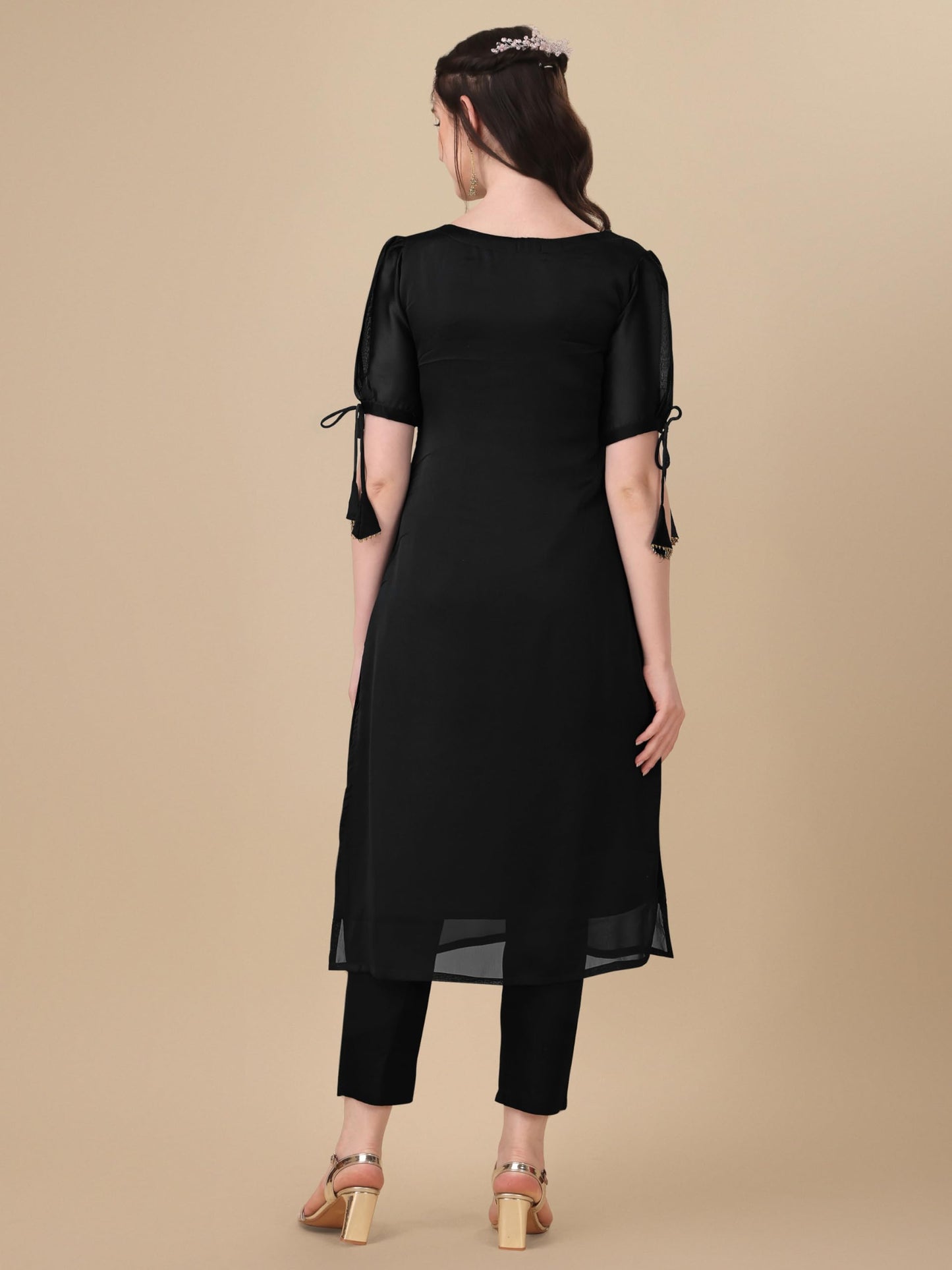 Goroly WomenS Silk Blended Solid Embroidered Pattern Straight Cut Kurta Pant With Puff Sleeve V-Neck Ankle Length And A-Line St