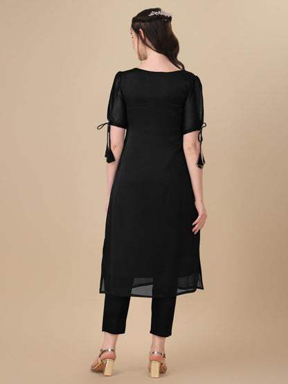 Goroly WomenS Silk Blended Solid Embroidered Pattern Straight Cut Kurta Pant With Puff Sleeve V-Neck Ankle Length And A-Line St