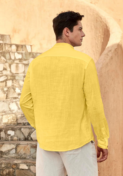 Zombom MenS Solid Cotton Blend Straight Kurta Shirt, Regular Fit Full Sleeve Short Kurta Shirt Yellow