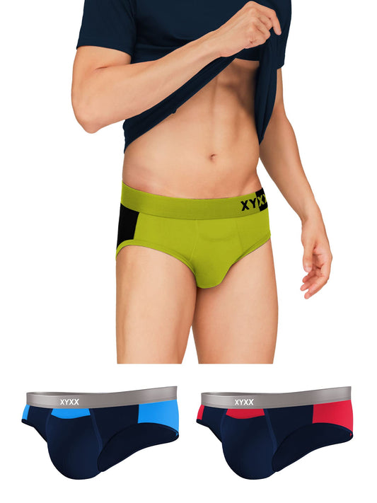XYXX Mens Underwear Dualist IntelliSoft Antimicrobial Micro Modal Brief Pack of 3 (Black Iris & Tango Red ; Black Iris & Brilli