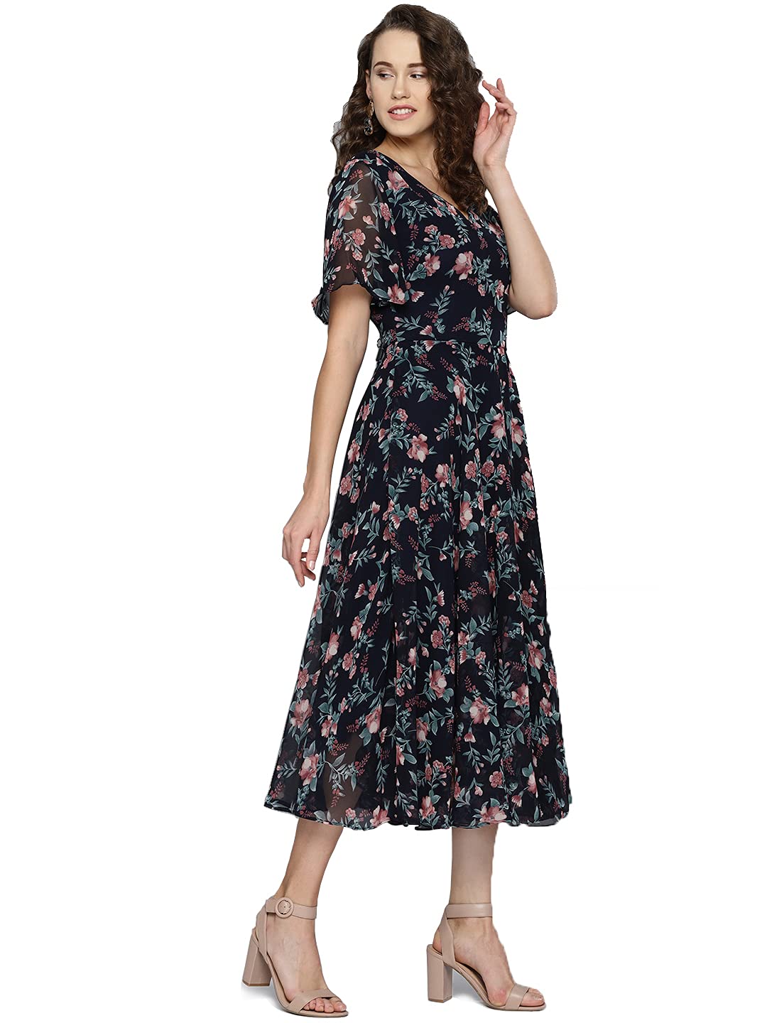 Rare Women'S Georgette Fit And Flare Midi Casual Dress (Ep6006_Navy Blue_Small)