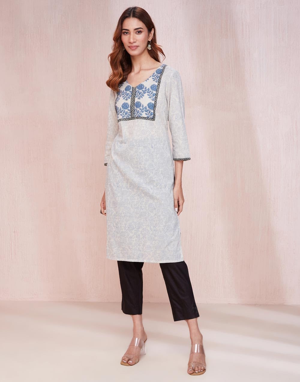 Fabindia WomenS Cotton Printed Regular Kurta (1037320Natural- Off White-Blue
