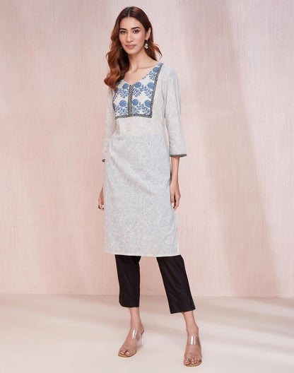 Fabindia WomenS Cotton Printed Regular Kurta (1037320Natural- Off White-Blue
