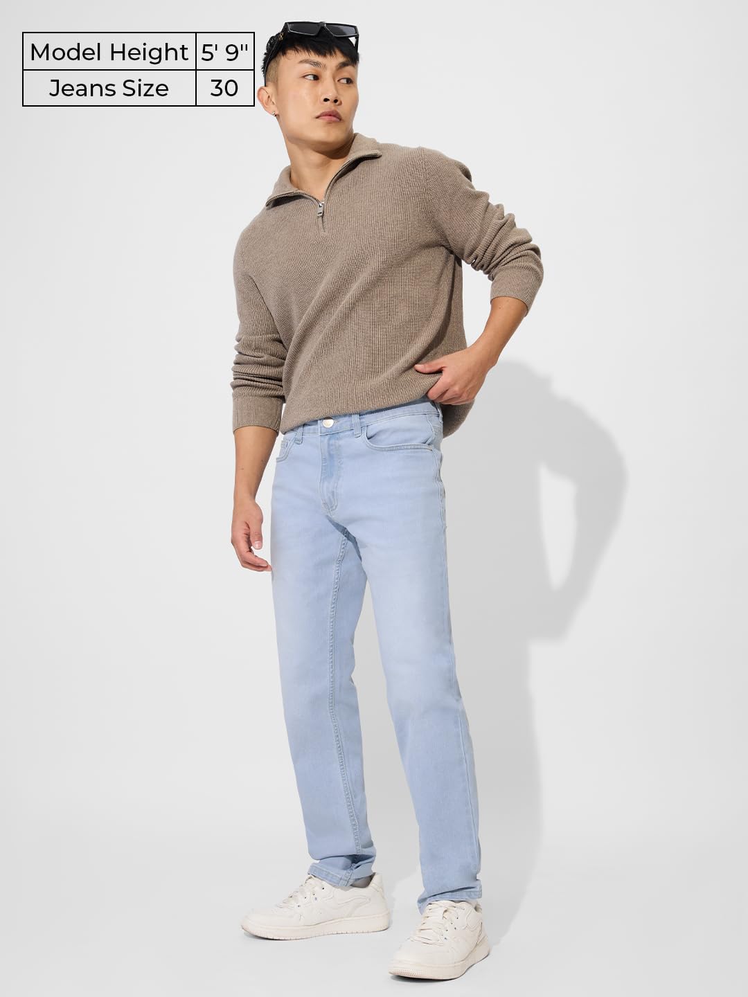The Souled Store DenimOriginals: Light Wash Blue Men and Boys Buttoned Solid Cotton Blend Slim Fit Jeans
