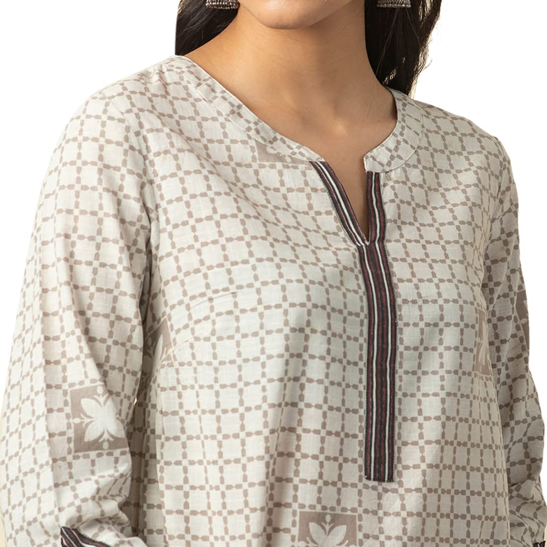 Fabindia Women Printed Slim Fit Long Kurta Cotton_Grey