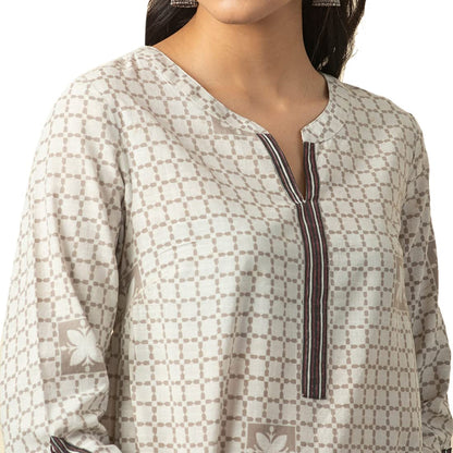 Fabindia Women Printed Slim Fit Long Kurta Cotton_Grey