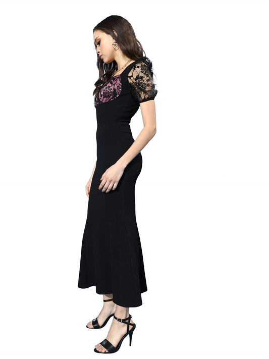 Miss Chase WomenS Black Square Puff Sleeve Solid Lace Overlaid Ankle Length Dress (Mcss22D13-48-62-07, Black, Xxl)