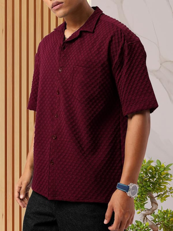 Tee Projekt Mens Regular Fit Popcorn Shirt Half Sleeve Spraed Collar Shirt Maroon