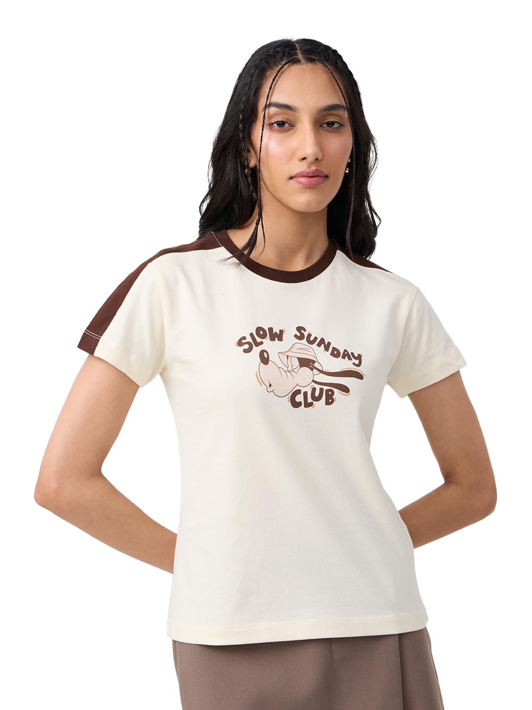 The Souled Store Disney: Slow Sunday Women and Girls Short Sleeves Round Neck Off White Graphic Printed Regular Fit Cotton T-Shi