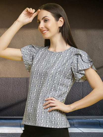 Pinkmint Womens Printed Combo Tops ll Regular Fit Ruffle Trim Petal Sleeve ll Fancy Girls Top (Pack of 3)